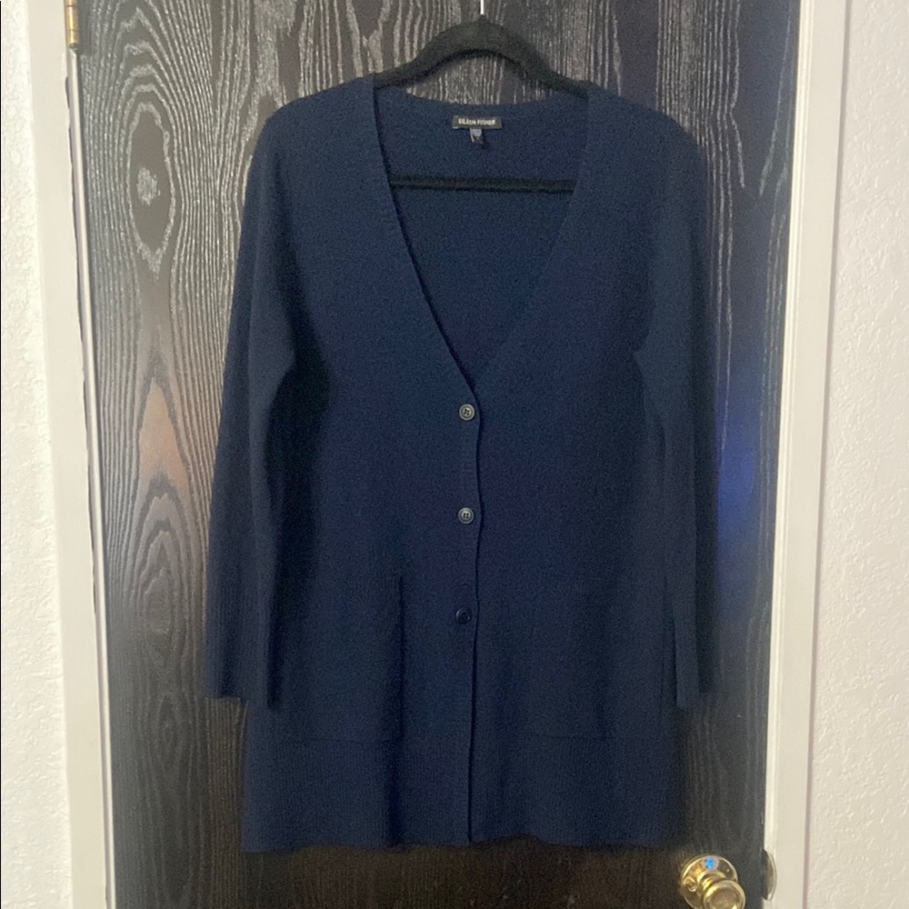 Eileen Fisher 100% Wool Navy Blue V-neck 3 Button Cardigan Size Small